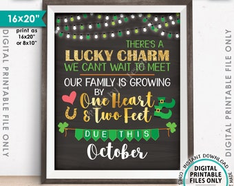 St Patrick's Day Pregnancy Announcement Our family is growing by One Heart & Two Feet in OCTOBER Chalkboard Style PRINTABLE Reveal Sign <ID>