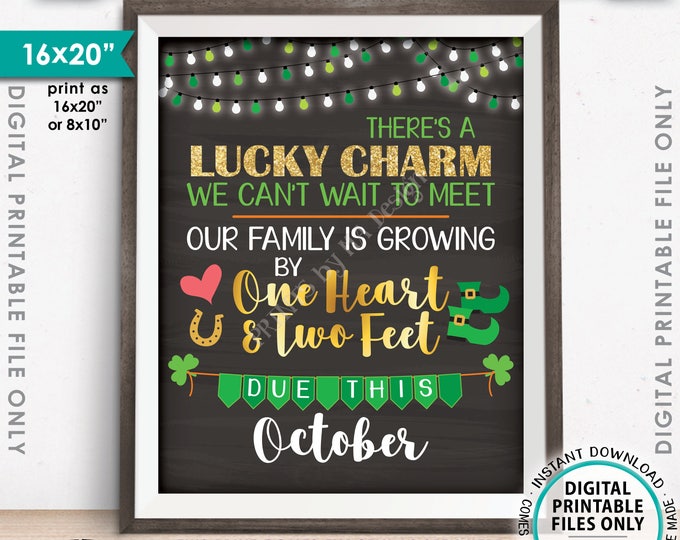 St Patrick's Day Pregnancy Announcement Our family is growing by One Heart & Two Feet in OCTOBER Chalkboard Style PRINTABLE Reveal Sign <ID>