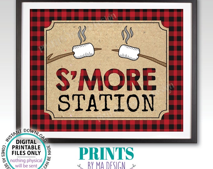 S'more Station Sign, Lumberjack Smores, PRINTABLE 8x10/16x20” Lumberjack Style Sign, Red Checker Buffalo Plaid <ID>