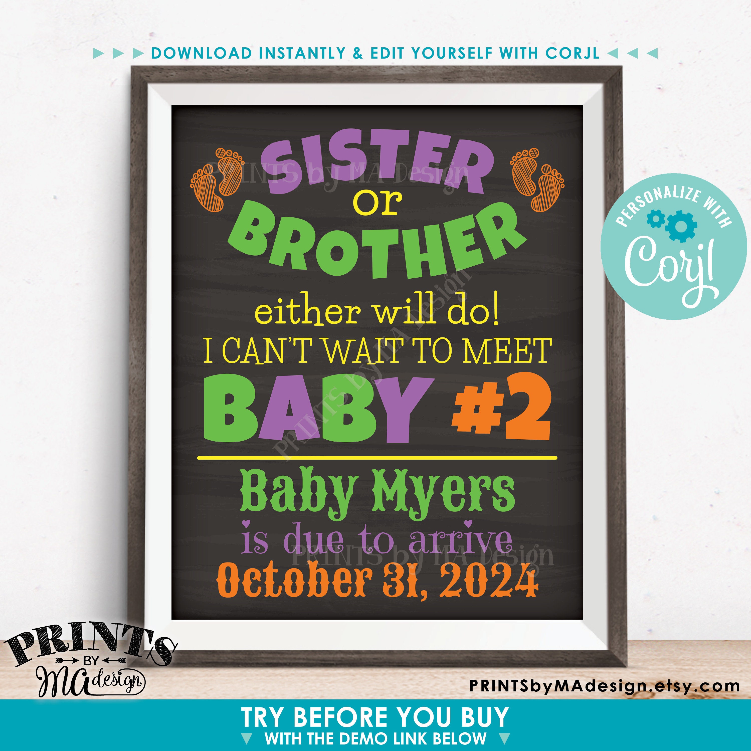 Pregnancy Announcement PRINTABLE 8x1016x20\u201d Chalkboard Style Sign Sister or Brother Either Will Do I Can/'t Wait to Meet Baby #2