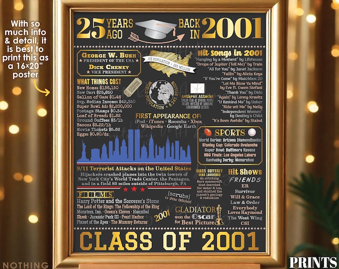 25th High School Reunion Decoration, Class of 2001 Graduated 25 Years Ago, Back in the Year 2001 Poster Board, PRINTABLE 16x20” Sign <ID>
