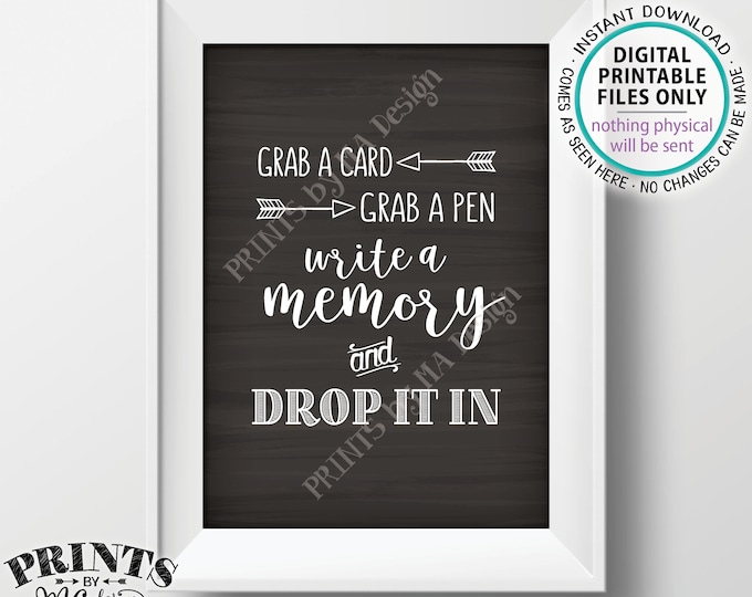 Write a Memory, Grab a Card Grab a Pen Drop it In, Birthday, Graduation, Retirement, Bon Voyage, Chalkboard Style PRINTABLE 5x7” Sign <ID>