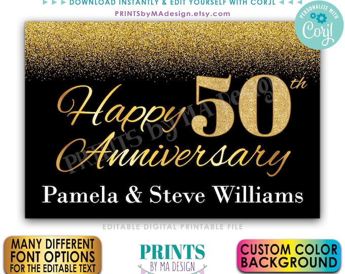 Editable Anniversary Sign, Custom Background Color, Gold Glitter, PRINTABLE 24x36” Happy Anniversary Sign <Edit Yourself w/Corjl>