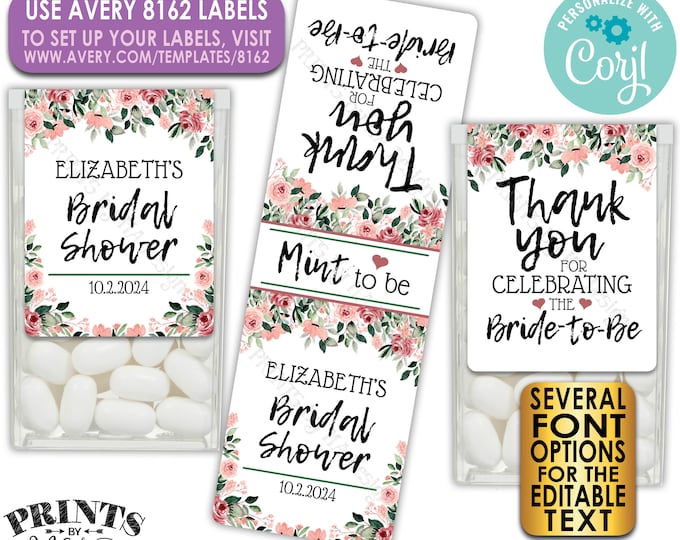 Mint to Be Bridal Shower Tic Tac Labels, Floral Design, Custom Candy Favors, One PRINTABLE Avery 8162 Label <Edit Yourself with Corjl>