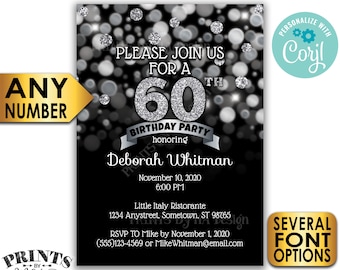 Birthday Party Invitation, Any Birthday, PRINTABLE 5x7" Black and Silver Glitter Bday Invite Card <Edit Yourself with Corjl>