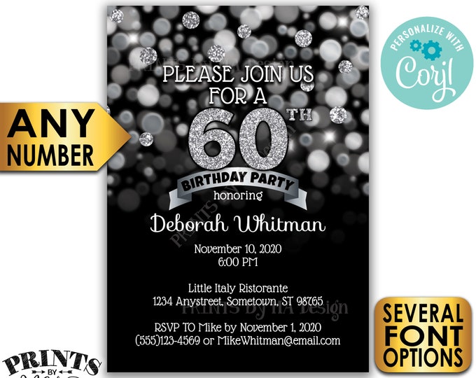 Birthday Party Invitation, Any Birthday, PRINTABLE 5x7" Black and Silver Glitter Bday Invite Card <Edit Yourself with Corjl>