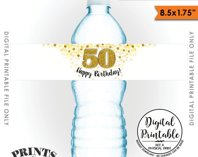 Water Bottle Labels, Printable 50th Birthday Party Decoration, Five 8.5x1.75” labels per 8.5x11” Sheet Instant Download Printable File