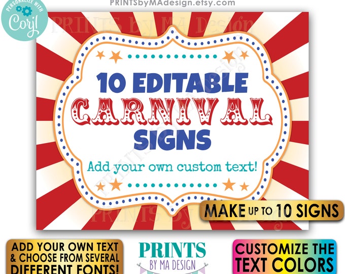 Editable Carnival Signs, Circus Theme Birthday Party, Make Up to 10 Custom PRINTABLE 8x10/16x20” Carnival Signs <Edit Yourself w/Corjl>