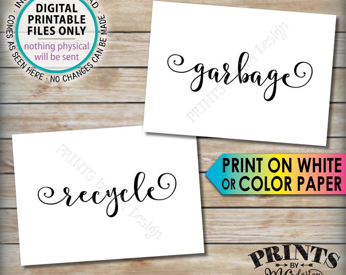 Garbage and Recyclable Signs, Trash & Recycling, Party Clean Up the Mess, 2 PRINTABLE 5x7” Signs <ID>