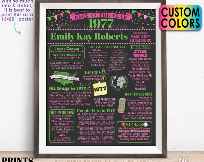 Back in the Year 1977 Birthday Sign, Flashback to 1977 Poster Board, 1977 Birthday Gift, Custom PRINTABLE 16x20” B-day Decoration