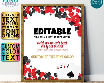 Editable Playing Cards Sign, Suits, Aces, Choose Your Text, One Custom PRINTABLE 8x10/16x20” Portrait Sign <Edit Yourself w/Corjl>
