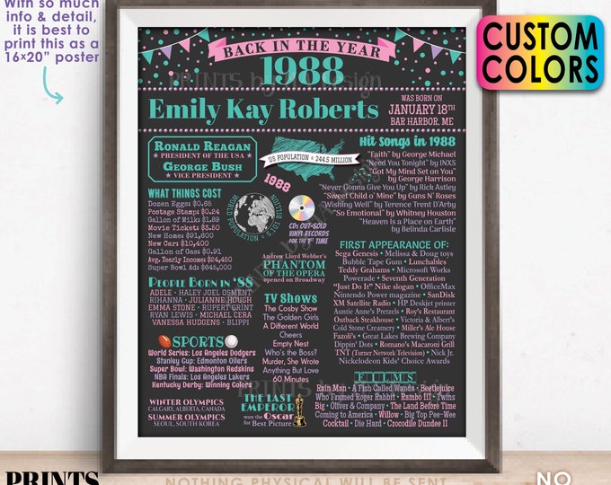 Back in the Year 1988 Birthday Sign, Flashback to 1988 Poster Board, 1988 Birthday Gift, Custom PRINTABLE 16x20” B-day Decoration