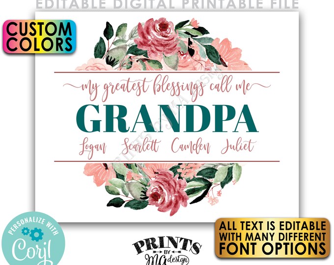 My Greatest Blessings Call Me Grandpa, List of Grandkids Grandparent Gift, PRINTABLE 8x10/16x20” Grandchildren Sign <Edit Yourself w/Corjl>