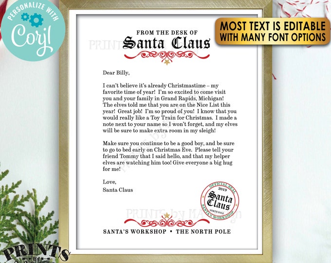 Letter from Santa Claus, Custom Santa Letter Template, Customize One Editable PRINTABLE 8.5x11" Digital File <Edit Yourself with Corjl>