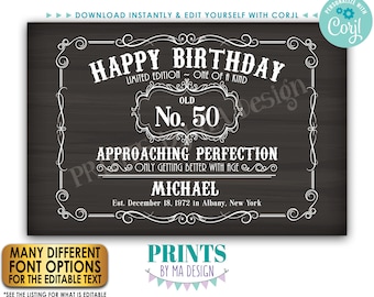 Editable Vintage Birthday Sign, Custom PRINTABLE 24x36” Chalkboard Style Sign, Better with Age Liquor Themed Party <Edit Yourself w/Corjl>