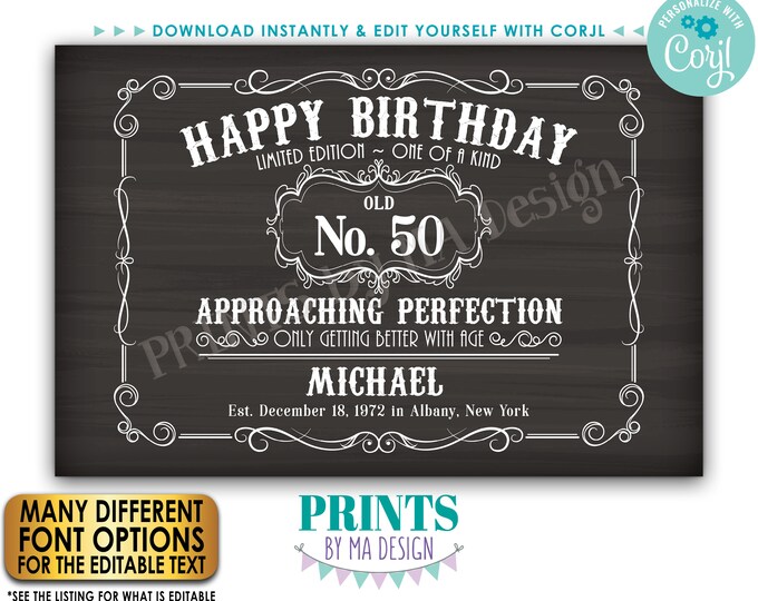 Editable Vintage Birthday Sign, Custom PRINTABLE 24x36” Chalkboard Style Sign, Better with Age Liquor Themed Party <Edit Yourself w/Corjl>
