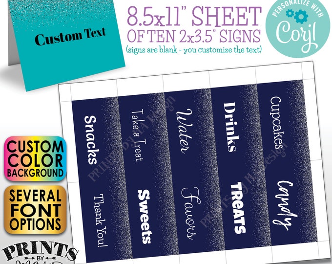 Custom Silver Glitter Place Cards, Buffet Food Labels, One Custom PRINTABLE 8.5x11" Sheet of 2x3.5" Cards <Edit Yourself with Corjl>