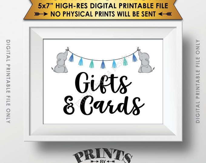 Elephant Baby Shower Gifts and Cards Sign, Cards & Gifts Table Sign, It's a Boy Blue Baby Shower Decor, 5x7” PRINTABLE sign <ID>