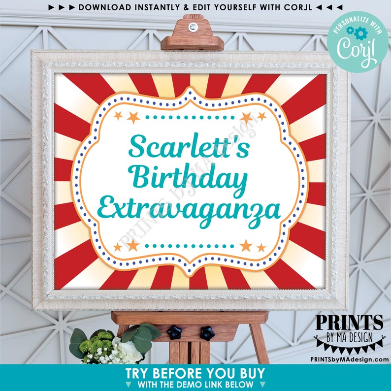 Custom Carnival Sign, Carnival Theme Party Sign, Circus Birthday Party, One PRINTABLE 8x10/16x20 Sign Edit Text Yourself w/Corjl image 3