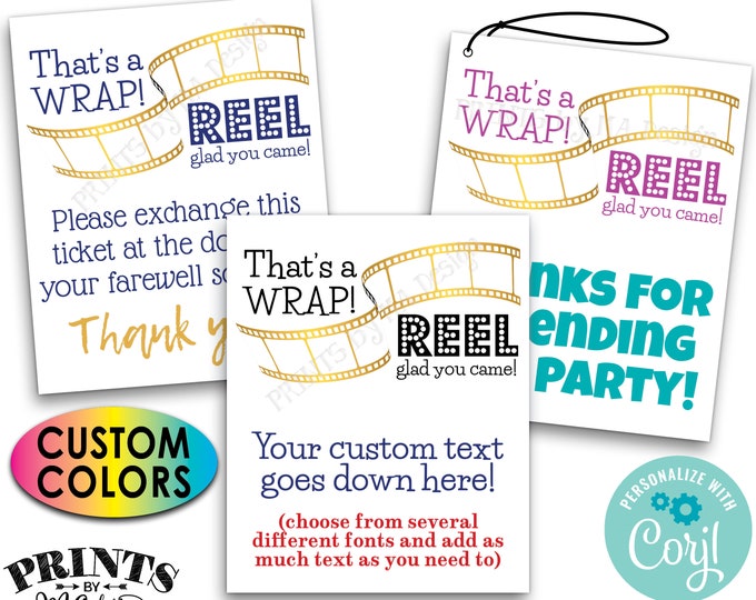 That's a wrap Reel Glad You Came, Movie Theme, Oscars Party Favor Cards, PRINTABLE 8.5x11" Sheet of 4x5" Cards <Edit Yourself w/Corjl>