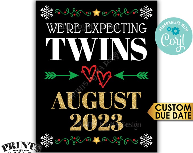 We're Expecting Twins, Christmas Theme Pregnancy Announcement for Twins, PRINTABLE 8x10/16x20” Twins Reveal Sign <Edit Yourself with Corjl>