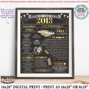 Puede incluir: Un póster imprimible negro y dorado con el año 2013 en letras doradas grandes. El póster enumera eventos, películas, canciones y programas de televisión notables del año 2013. El póster está diseñado para parecerse a una pizarra.