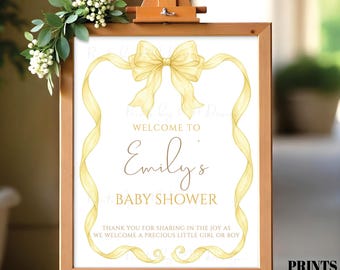 Bow Baby Shower Sign, Personalized Mom-to-Be's Name, Boy or Girl, Coquette Yellow Organza Ribbon PRINTABLE 8x10/16x20” Watercolor Style Sign