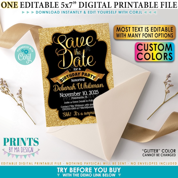 Editable Gold Glitter Save the Date, Birthday, Anniversary, Retirement, Custom PRINTABLE 5x7" Digital File <Edit Yourself with Corjl>