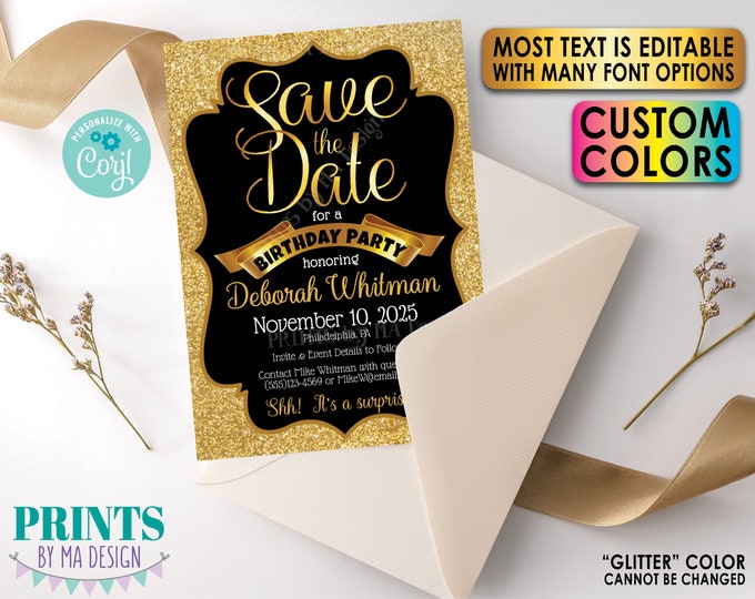 Editable Gold Glitter Save the Date, Birthday, Anniversary, Retirement, Custom PRINTABLE 5x7" Digital File <Edit Yourself with Corjl>