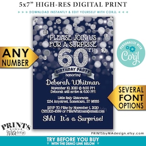 Invitación de fiesta de cumpleaños sorpresa, cualquier cumpleaños, azul marino y brillo plateado IMPRIMIBLE 5x7" Tarjeta de invitación de cumpleaños sorpresa <Editar usted mismo con Corjl>