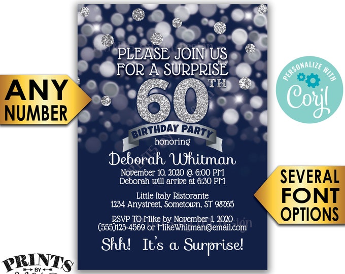 Surprise Birthday Party Invitation, Any Birthday, Navy & Silver Glitter PRINTABLE 5x7" Surprise Bday Invite Card <Edit Yourself with Corjl>