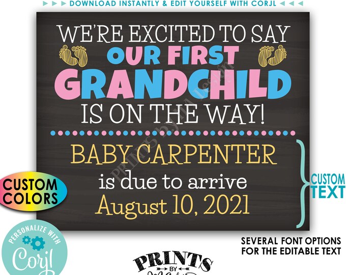 Pregnancy Announcement, First Grandchild is on the Way, We're Going to be Grandparents, PRINTABLE 8x10/16x20” Sign <Edit Yourself w/Corjl>