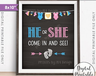 Gender Reveal Sign, He or She Come In and See Gender Reveal Party, Pink or Blue Sign, Chalkboard Style PRINTABLE 8x10” Instant Download Sign