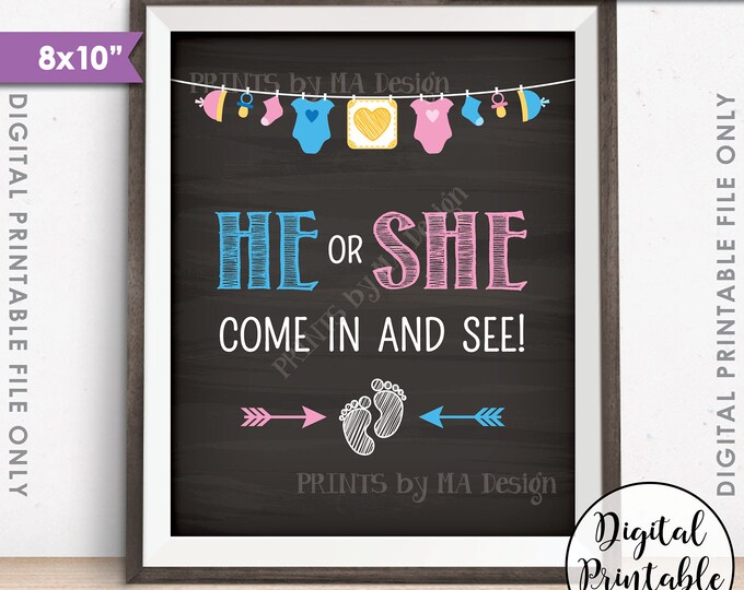 Gender Reveal Sign, He or She Come In and See Gender Reveal Party, Pink or Blue Sign, Chalkboard Style PRINTABLE 8x10” Instant Download Sign