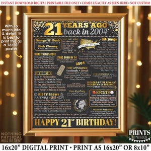 Cartel para el 21.° cumpleaños, nacido en el año 2004, recuerdo de hace 21 años, regalo de cumpleaños, letrero IMPRIMIBLE de 16 x 20 pulgadas con la frase "Regreso al año 2004", regalo para el 80.° cumpleaños <ID>