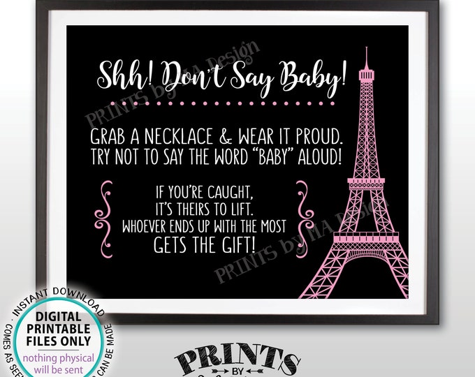 Don't Say Baby Sign, Paris Theme Baby Shower Activity, Baby Shower Game, Eiffel Tower Paris Sign, Black/White/Pink PRINTABLE 8x10" Sign <ID>