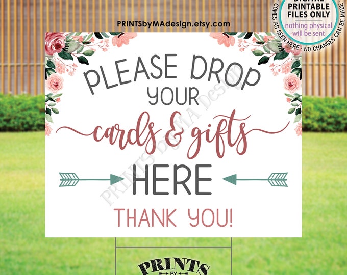 Please Drop Cards & Gifts Here, Drive-By Event Sign, Rose Gold Blush Pink Floral PRINTABLE 16x20” Yard Sign, Bridal Shower, Baby Shower <ID>