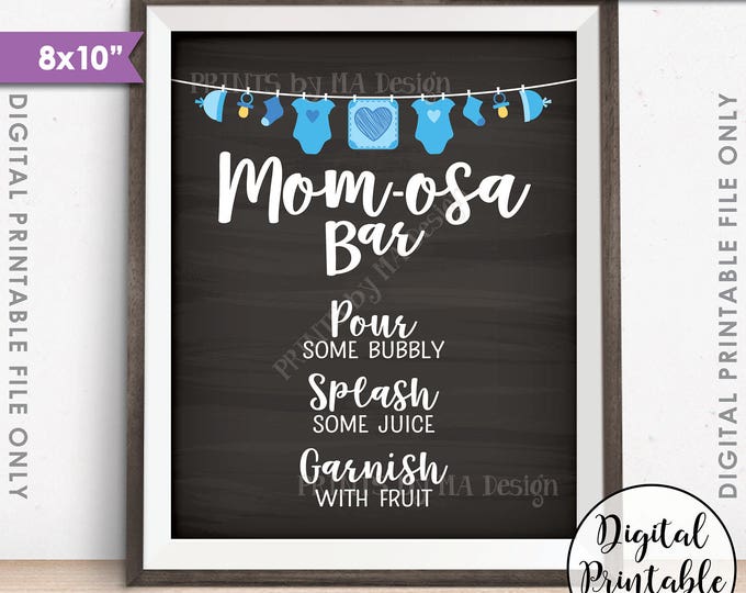 Mom-osa Bar Sign, MOMosa Sign, Mimosa Baby Shower, Make a Mimosa Decor, Preggatini, Blue PRINTABLE 8x10” Chalkboard Style Instant Download