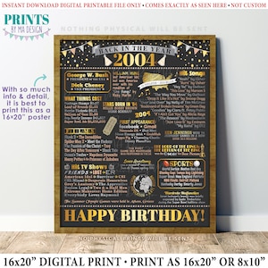 May include: A black and gold printable poster celebrating the year 2004. The poster features a chalkboard-style design with a variety of information about the year, including popular movies, music, events, and notable births. The poster is perfect for a birthday party or as a fun and nostalgic gift.