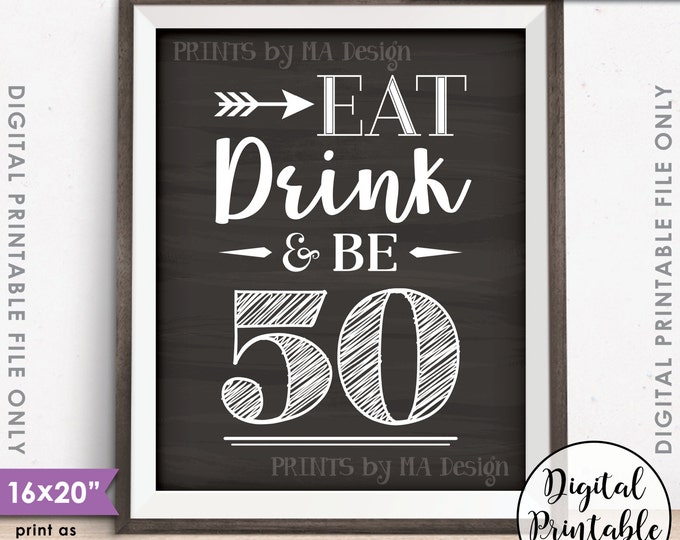 Eat Drink & Be 50, Fiftieth Birthday, Cheers to 50 Years 50th Birthday Party Decor, PRINTABLE 8x10/16x20” Chalkboard Style B-day Sign <ID>