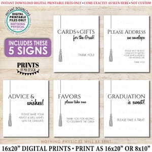 Graduation Party Signs Bundle Pack, Tassel, Address, Cards n Gifts, Advice, PRINTABLE Black & White 8x10/16x20” Grad Party Decorations <ID>