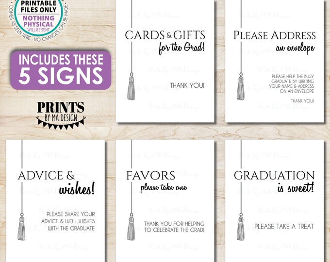 Graduation Party Signs Bundle Pack, Tassel, Address, Cards n Gifts, Advice, PRINTABLE Black & White 8x10/16x20” Grad Party Decorations <ID>