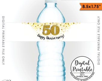Water Bottle Labels, Printable 50th Anniversary Party Decoration, Five 8.5x1.75” labels per 8.5x11” Sheet, Instant Download Printable File