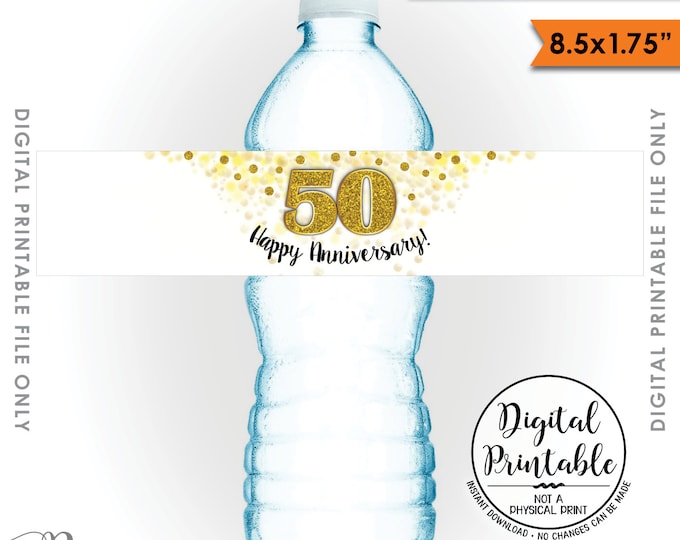 Water Bottle Labels, Printable 50th Anniversary Party Decoration, Five 8.5x1.75” labels per 8.5x11” Sheet, Instant Download Printable File