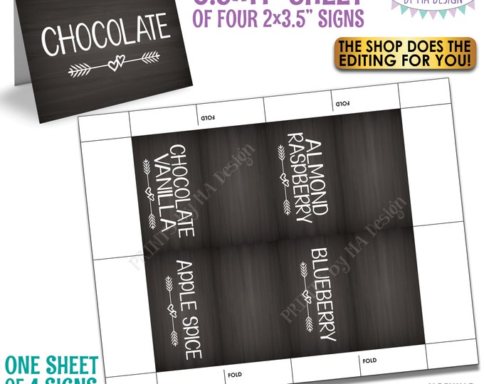 Cupcake Menu Flavors Signs, Wedding Shower Birthday Mini Menus, 4 Chalkboard Style 2x3.5" Place Cards on PRINTABLE 8.5x11” Sheet