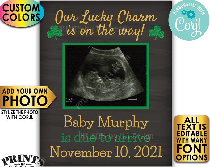 St Patrick's Day Ultrasound Pregnancy Announcement, Custom Text, PRINTABLE 8x10/16x20” Chalkboard Style Sign <Edit Yourself with Corjl>