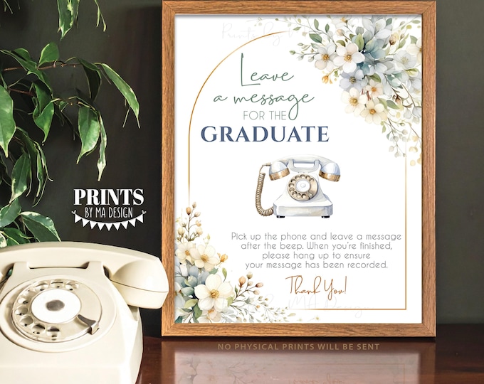 Graduation Audio Guest Book Sign, Voicemail Message, White Flowers, PRINTABLE 8x10/16x20” Guestbook Alternative Sign <ID>