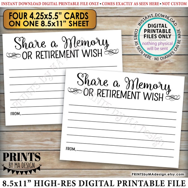 Share a Memory Card, Write a Memory or a Retirement Wish, Work Memories, Four 4.25x5.5" Cards per 8.5x11" PRINTABLE Sheet <ID>