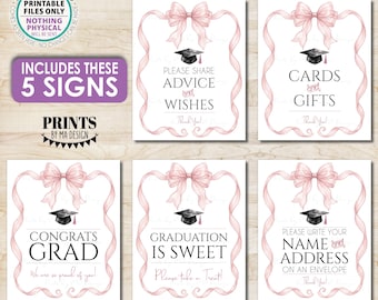 Graduation Party Signs Bundle Pack, Elegant Pink Organza Ribbon Coquette Bow, Five PRINTABLE 8x10/16x20” Signs, Grad Party Decor <ID>