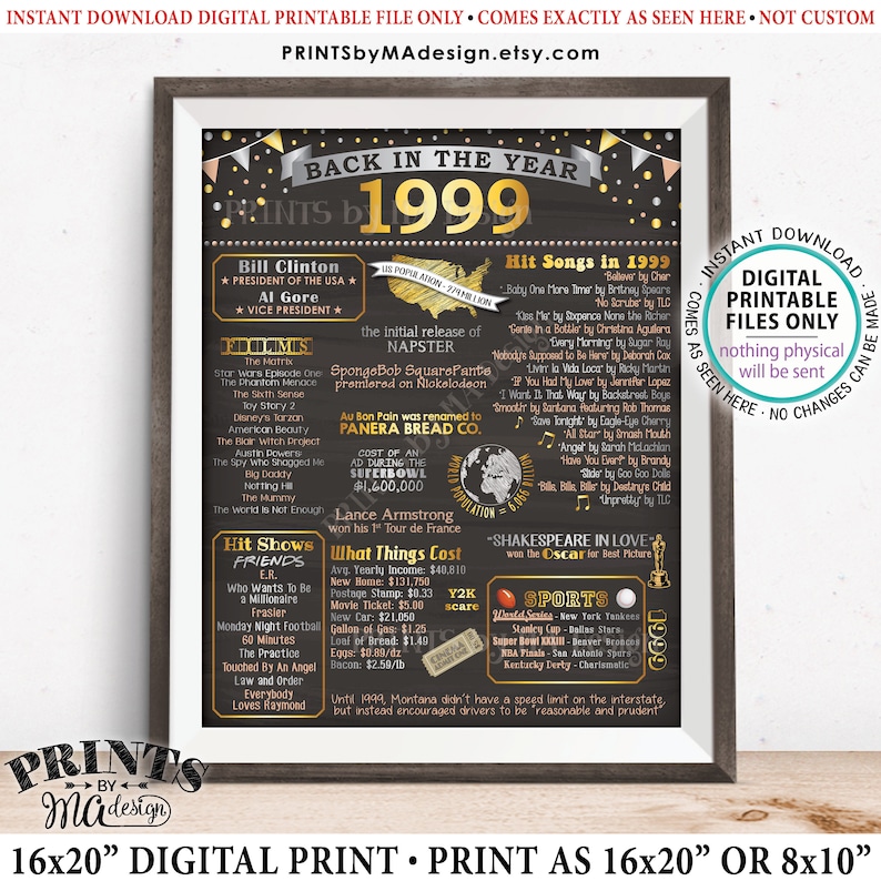 Back in 1999 Poster Board PRINTABLE 16x20\u201d Sign Flashback to 1999 Remember 1999 USA History from 1999